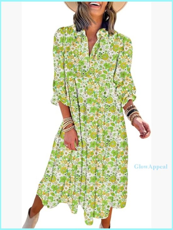 Dresses & Skirts - Long Sleeve V-Neck Floral Midi Dress, Bohemian Summer Beach Style